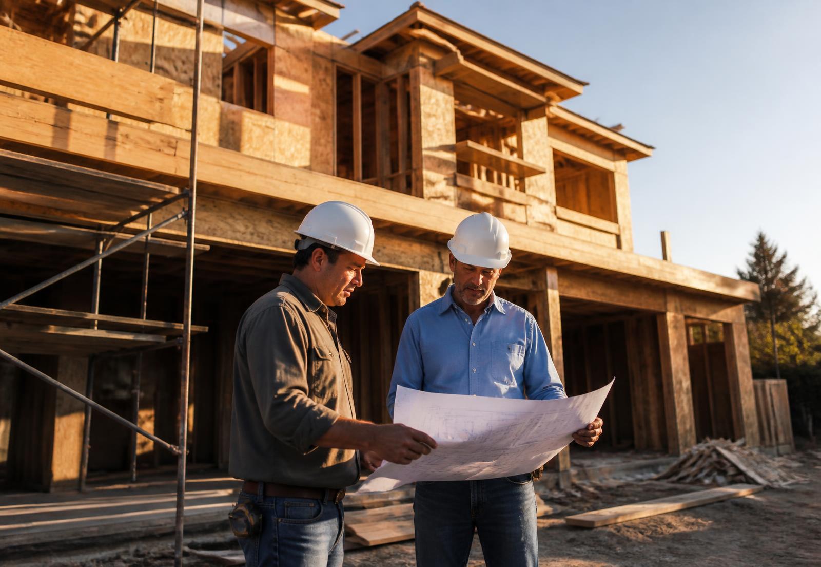 Two builders in hard hats reviewing plans in front of a wood-framed house under construction